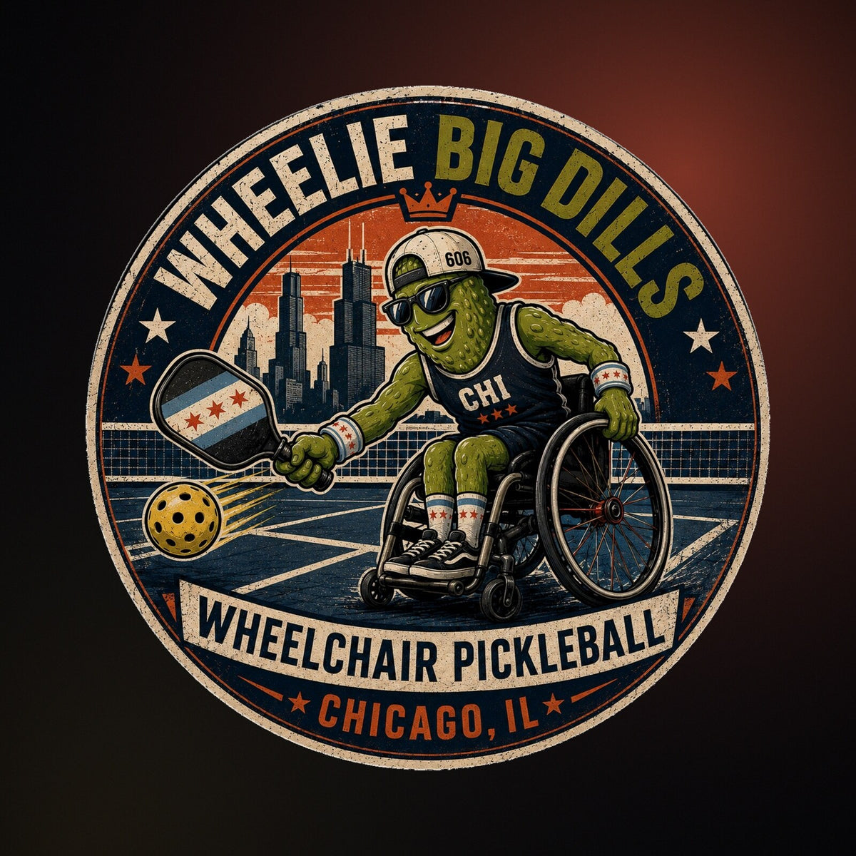 Wheelie Big Dills wheelchair pickleball print artwork, Chicago IL